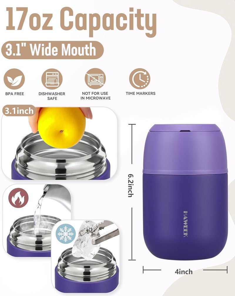 Haweek 17oz Soup Thermo for Hot Food Adults Insulated Food Jar Thermo Hot Food Lunch Container Wide Mouth Stainless Steel Lunch Box for Kids with Folding Spoon Cleaning Brush Purple - Image 3